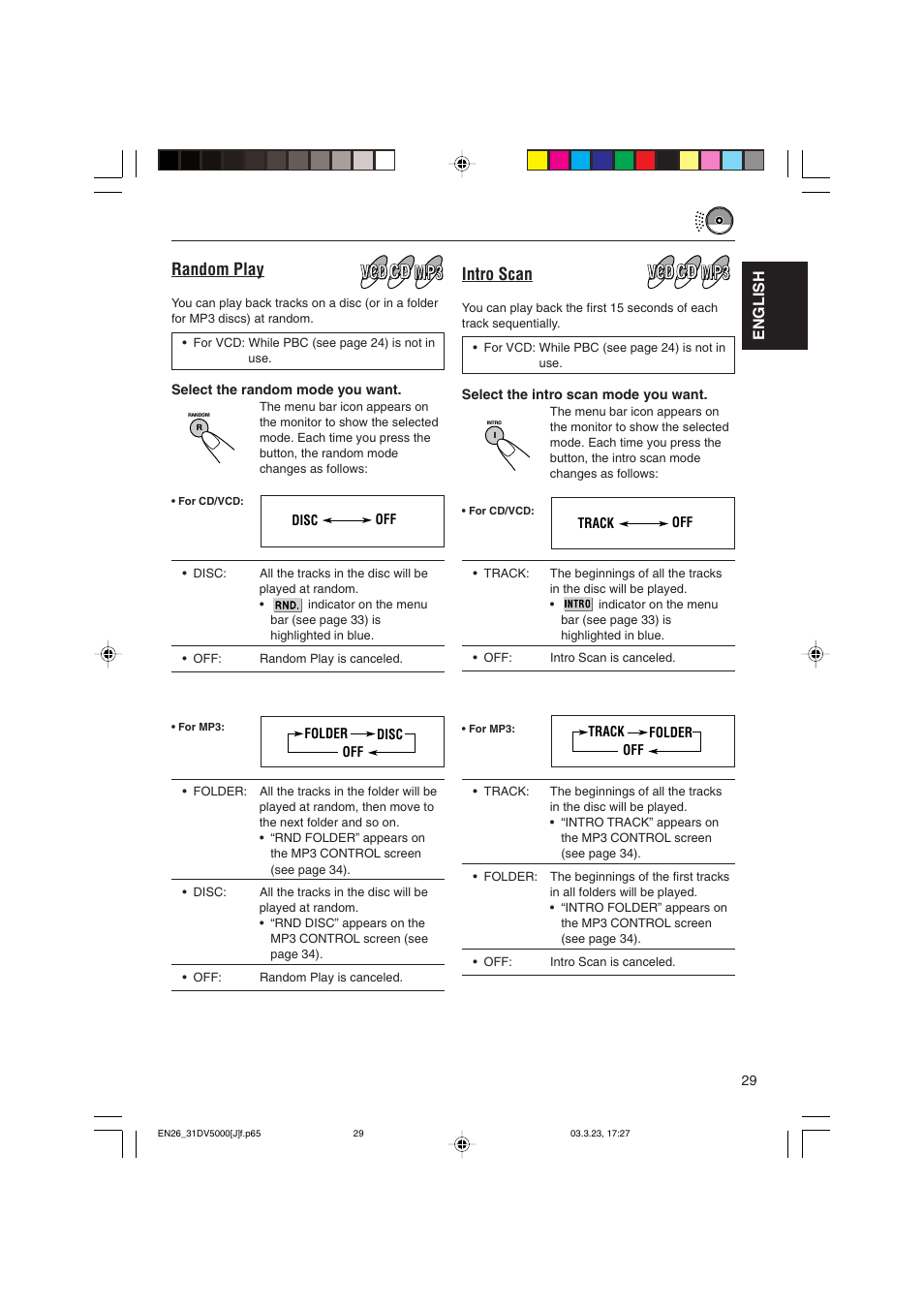 Random play, Intro scan, English | JVC KD-DV5000 User Manual | Page 29 / 82