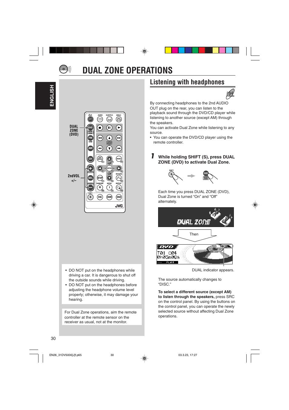 Dual zone operations, Listening with headphones, English | Dual indicator appears, Then | JVC KD-DV5000 User Manual | Page 30 / 82