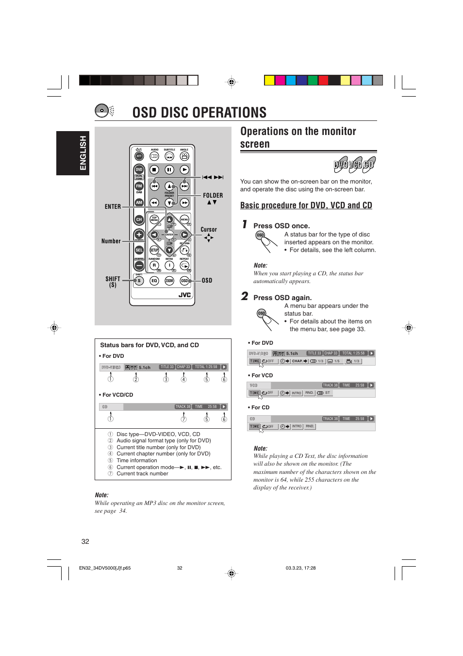 Osd disc operations, Operations on the monitor screen, Basic procedure for dvd, vcd and cd | English, Press osd once, Press osd again | JVC KD-DV5000 User Manual | Page 32 / 82