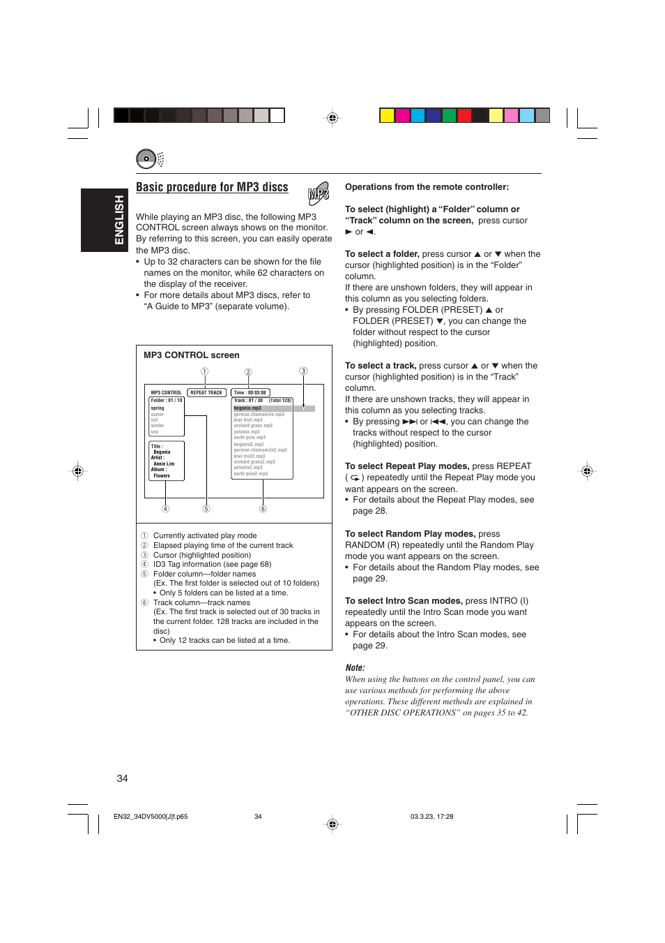 Basic procedure for mp3 discs, English | JVC KD-DV5000 User Manual | Page 34 / 82