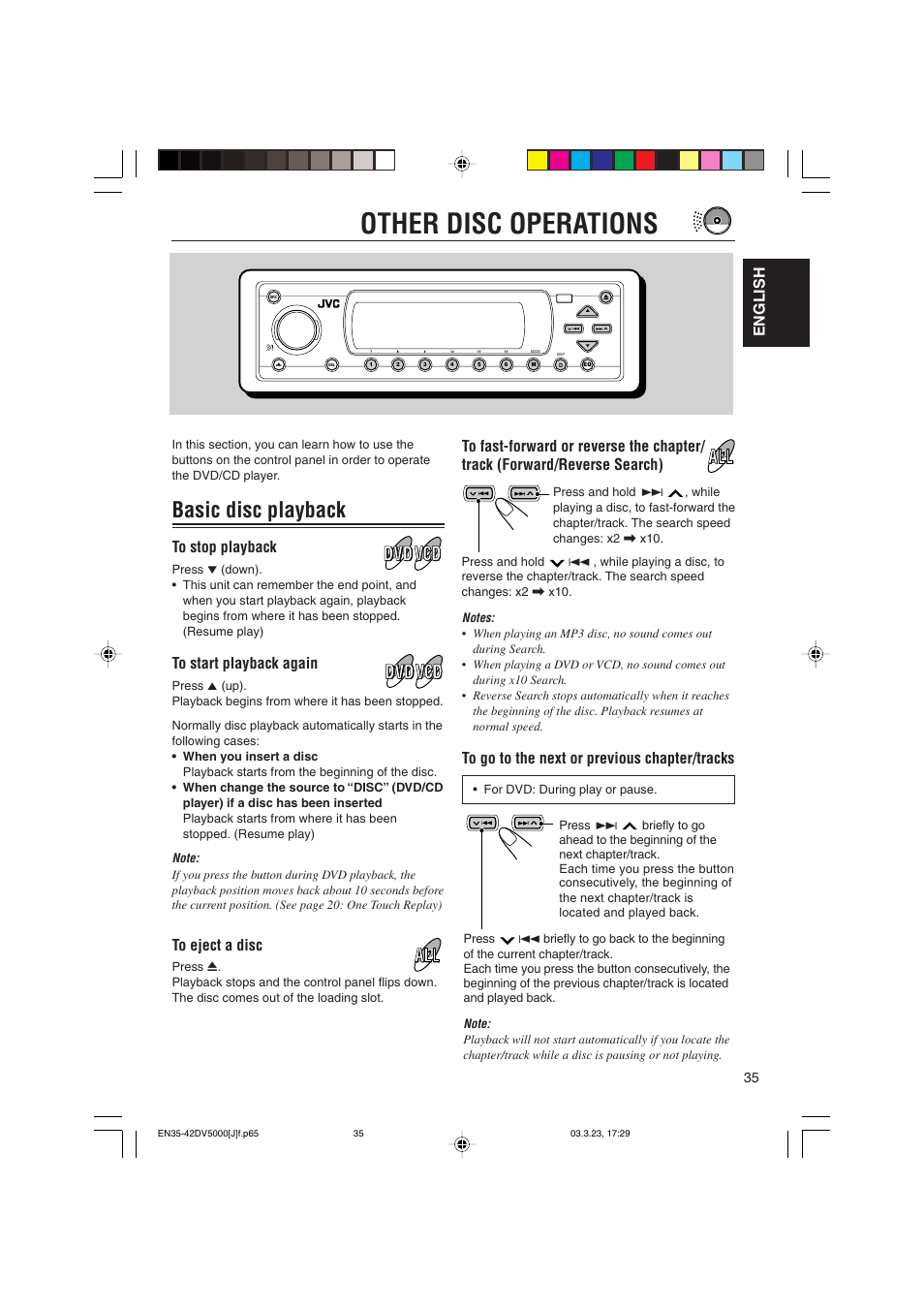 Other disc operations, Basic disc playback, English | JVC KD-DV5000 User Manual | Page 35 / 82