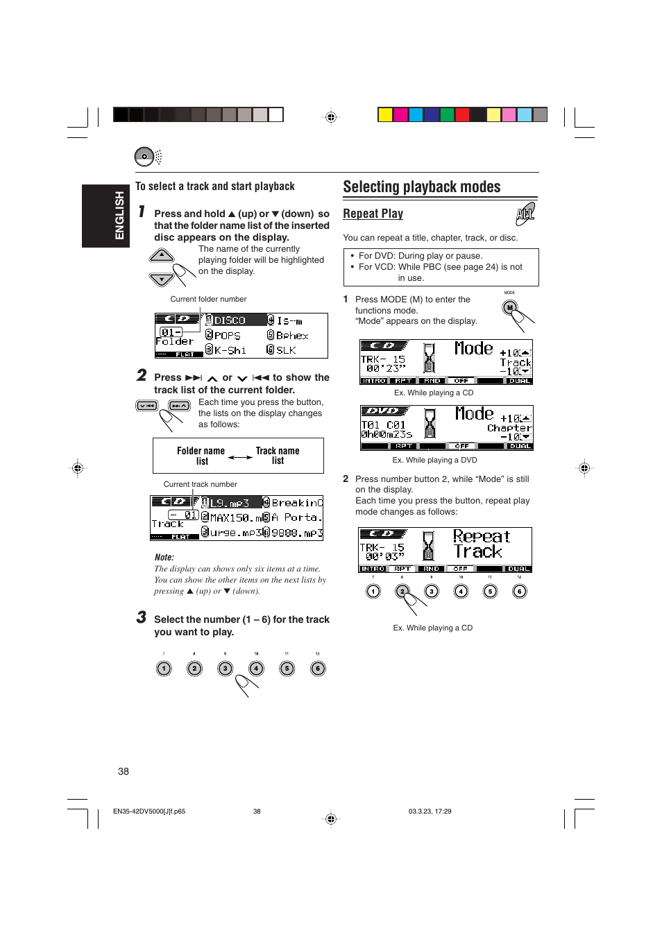 Selecting playback modes, Repeat play, English | JVC KD-DV5000 User Manual | Page 38 / 82