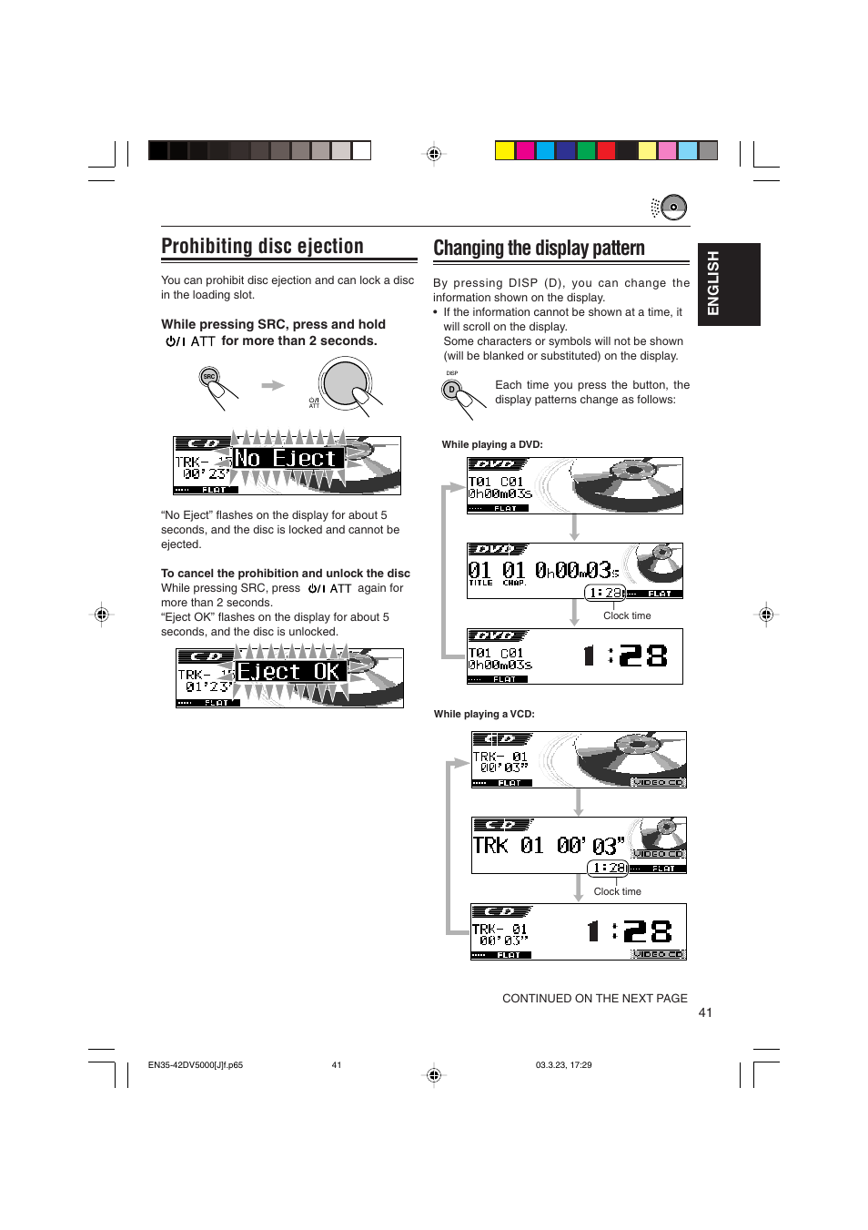 Prohibiting disc ejection, Changing the display pattern, English | JVC KD-DV5000 User Manual | Page 41 / 82