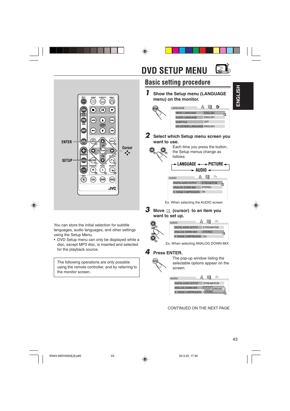 Dvd setup menu, Basic setting procedure 1, English | Show the setup menu (language menu) on the monitor, Select which setup menu screen you want to use, Move (cursor) to an item you want to set up, Press enter, Audio picture language, Enter setup cursor | JVC KD-DV5000 User Manual | Page 43 / 82