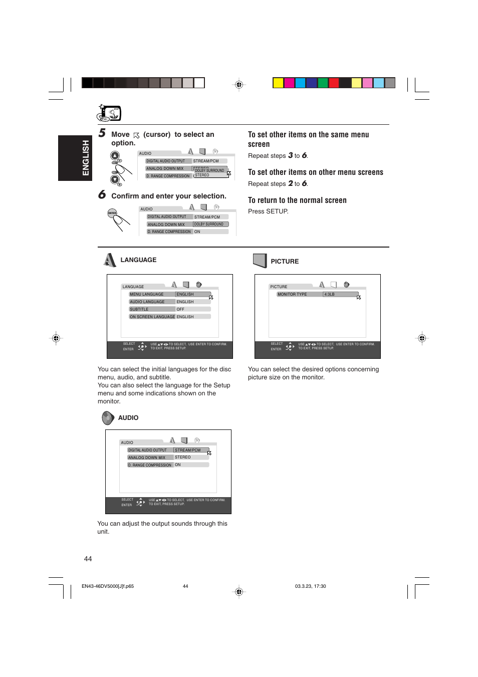 English, Move (cursor) to select an option, Confirm and enter your selection | JVC KD-DV5000 User Manual | Page 44 / 82