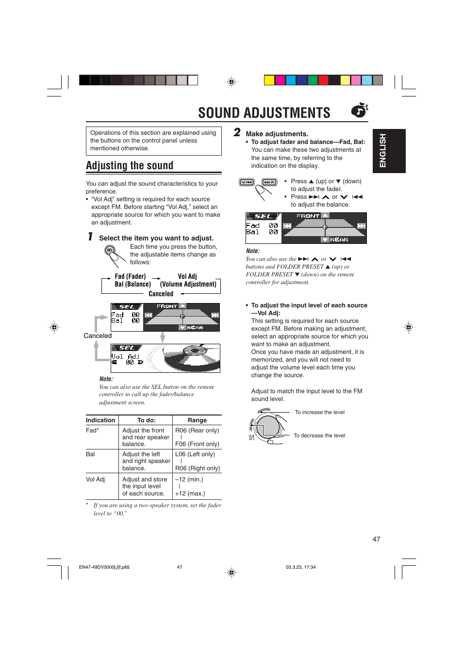 Sound adjustments, Adjusting the sound | JVC KD-DV5000 User Manual | Page 47 / 82