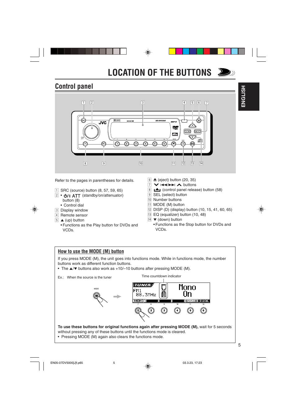 Location of the buttons, Control panel, English | How to use the mode (m) button | JVC KD-DV5000 User Manual | Page 5 / 82