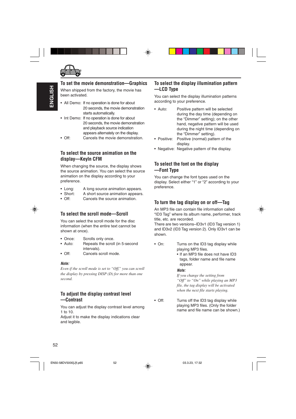 English to set the movie demonstration—graphics | JVC KD-DV5000 User Manual | Page 52 / 82