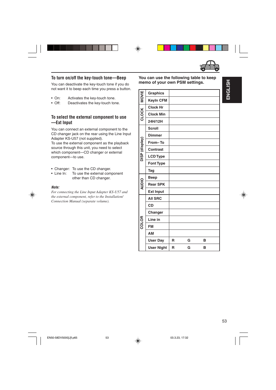 English to turn on/off the key-touch tone—beep | JVC KD-DV5000 User Manual | Page 53 / 82