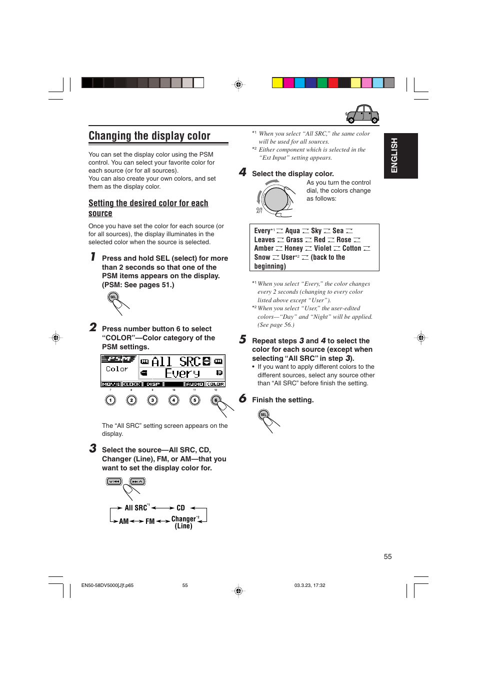 Changing the display color, Setting the desired color for each source | JVC KD-DV5000 User Manual | Page 55 / 82