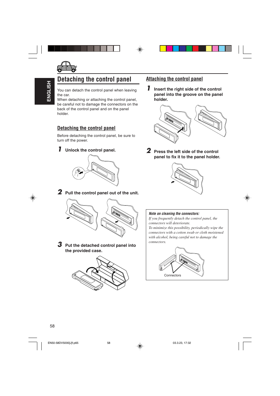 Detaching the control panel | JVC KD-DV5000 User Manual | Page 58 / 82