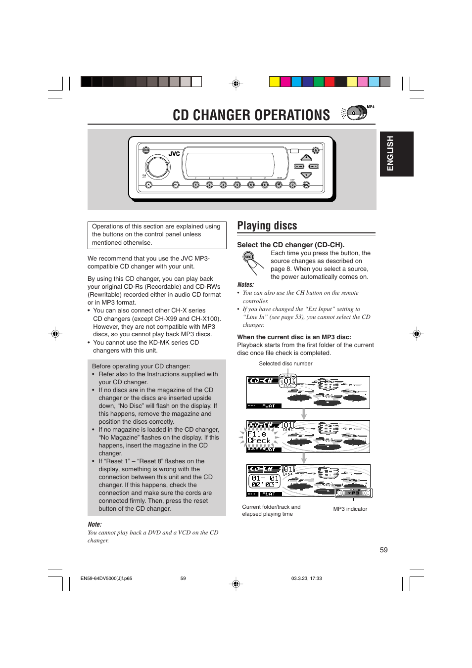 Cd changer operations, Playing discs, English | Select the cd changer (cd-ch) | JVC KD-DV5000 User Manual | Page 59 / 82