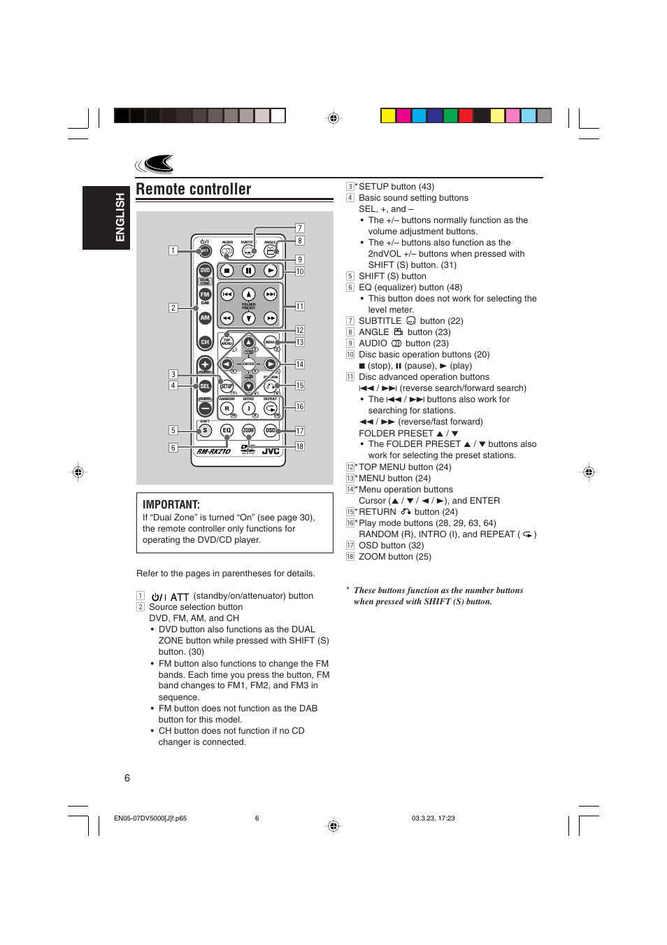 Remote controller, English, Important | JVC KD-DV5000 User Manual | Page 6 / 82