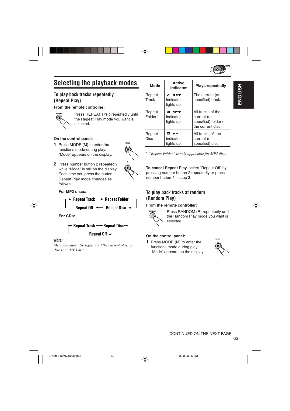 Selecting the playback modes, English | JVC KD-DV5000 User Manual | Page 63 / 82