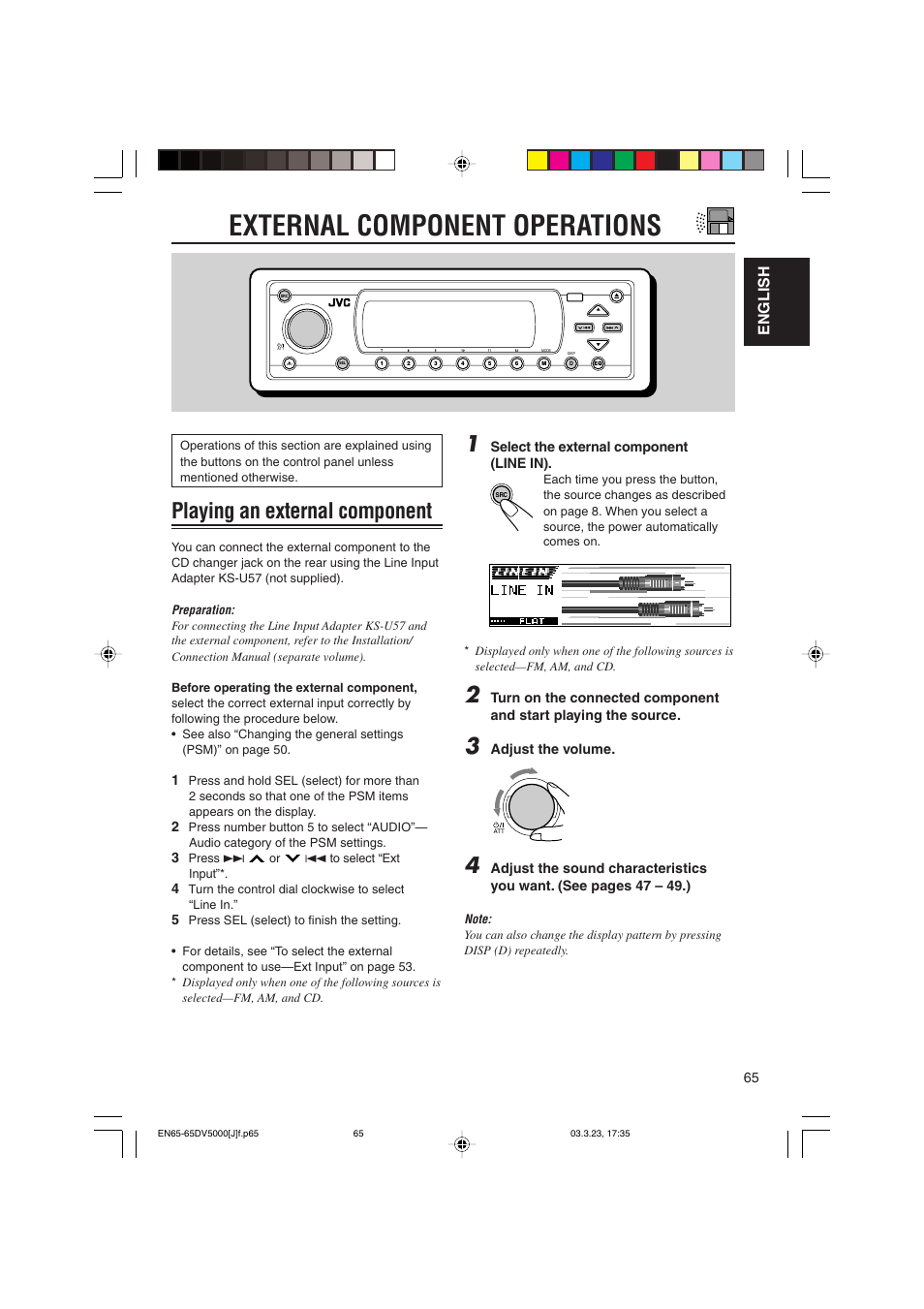External component operations, Playing an external component, English | JVC KD-DV5000 User Manual | Page 65 / 82