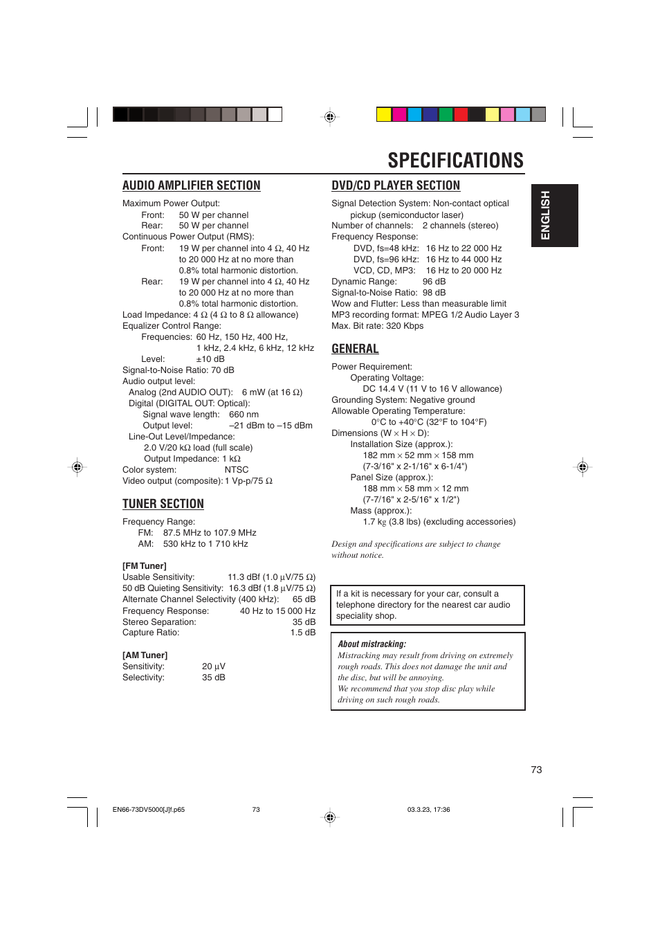 Specifications, General, English | JVC KD-DV5000 User Manual | Page 73 / 82