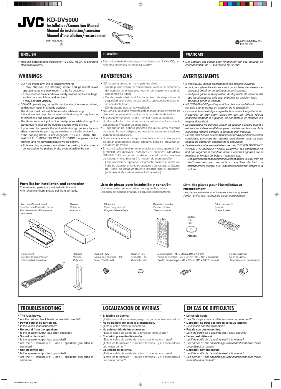 Installation/connection manual, Warnings, Troubleshooting | Installation, Kd-dv5000, Advertencias, Avertissements, Localizacion de averias, En cas de difficultes | JVC KD-DV5000 User Manual | Page 75 / 82