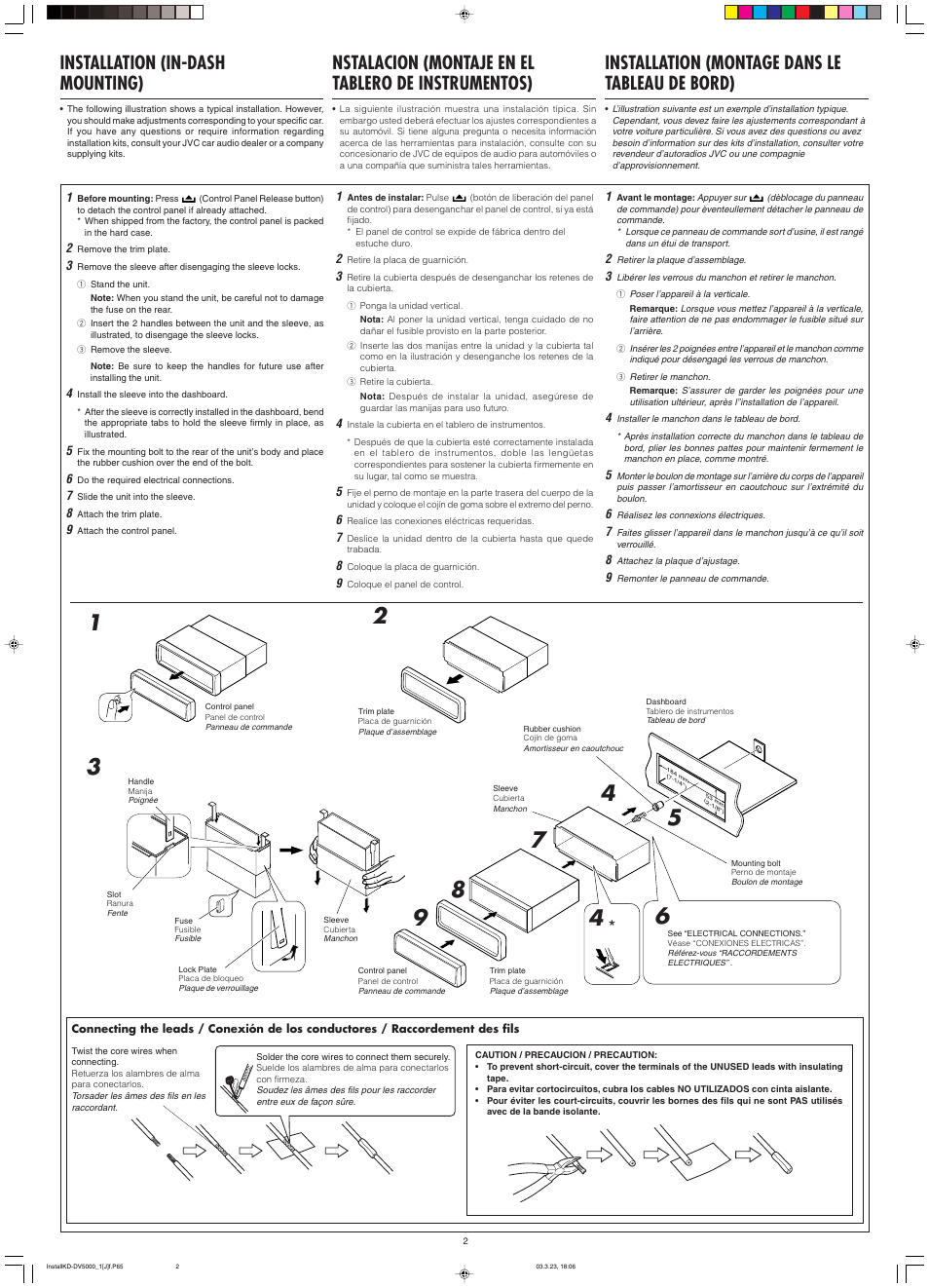 Installation (in-dash mounting), Nstalacion (montaje en el tablero de instrumentos), Installation (montage dans le tableau de bord) | JVC KD-DV5000 User Manual | Page 76 / 82