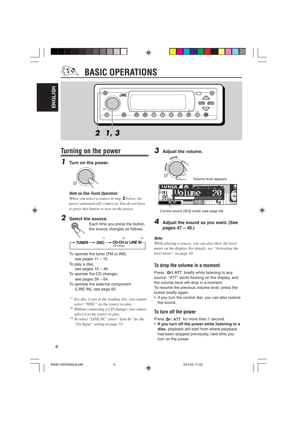 Basic operations, Turning on the power 1, English | JVC KD-DV5000 User Manual | Page 8 / 82