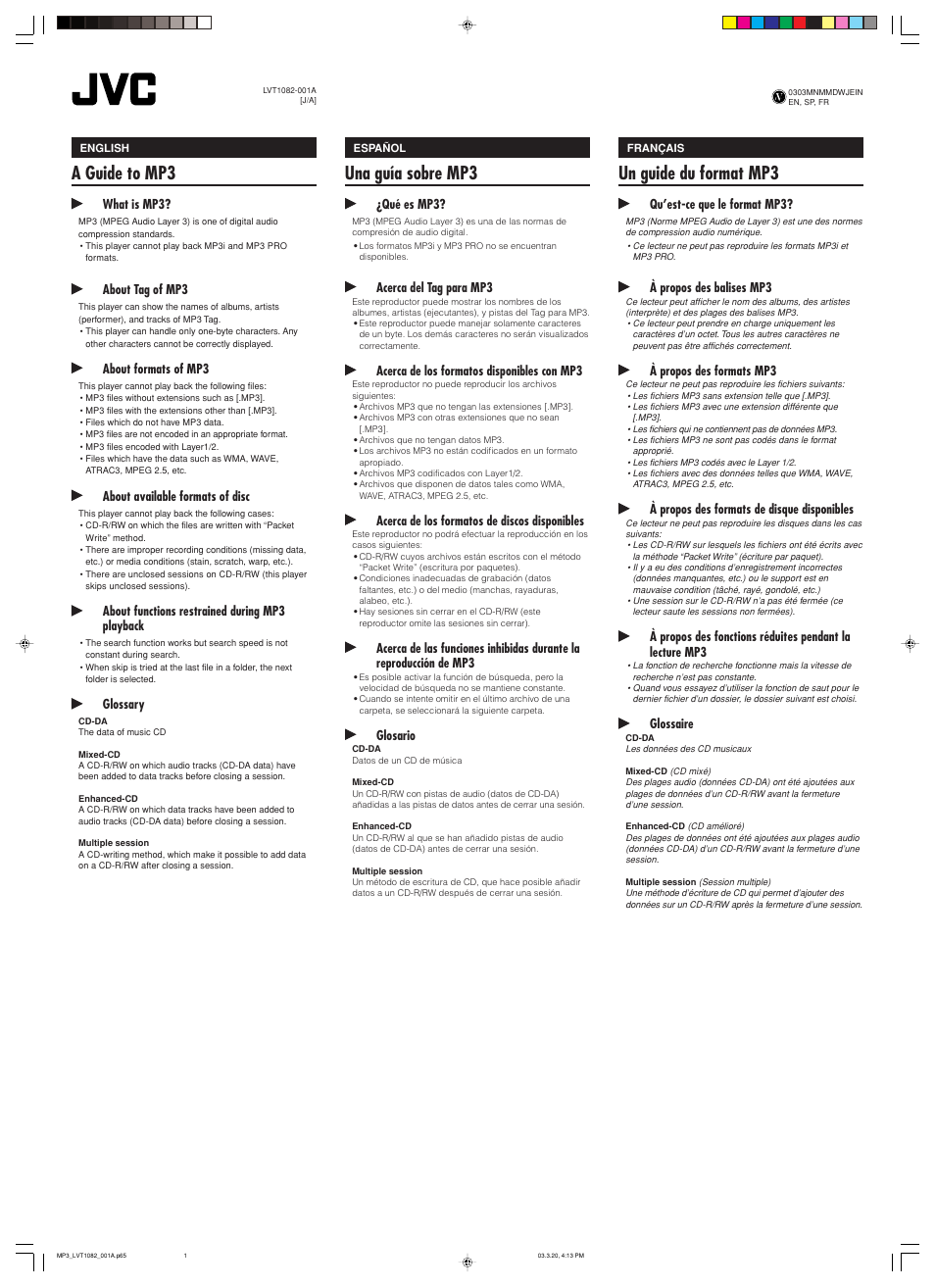 A guide to mp3, Una guía sobre mp3, Un guide du format mp3 | What is mp3, About tag of mp3, About formats of mp3, About available formats of disc, About functions restrained during mp3 playback, Glossary, Qué es mp3 | JVC KD-DV5000 User Manual | Page 81 / 82