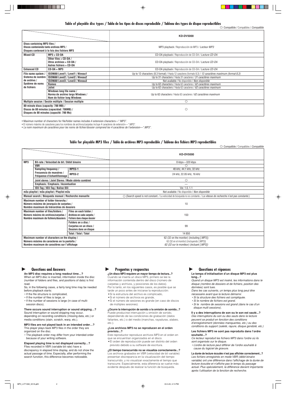 Questions and answers, Preguntas y respuestas, Questions et réponses | JVC KD-DV5000 User Manual | Page 82 / 82