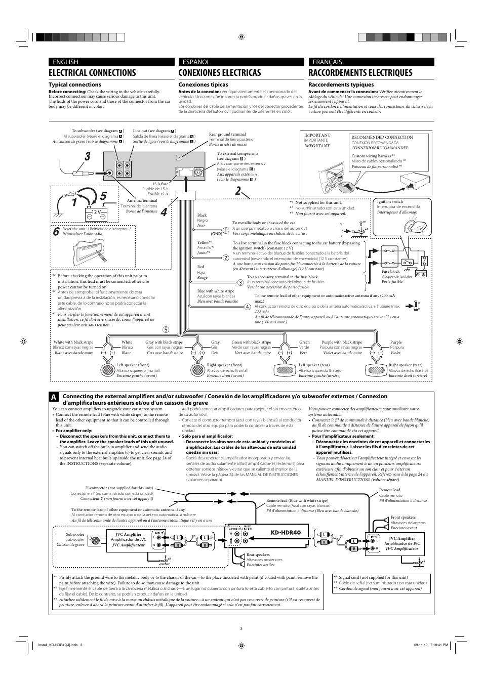 Electrical connections, Conexiones electricas, Raccordements electriques | English español français | JVC LVT2089-001A User Manual | Page 3 / 4