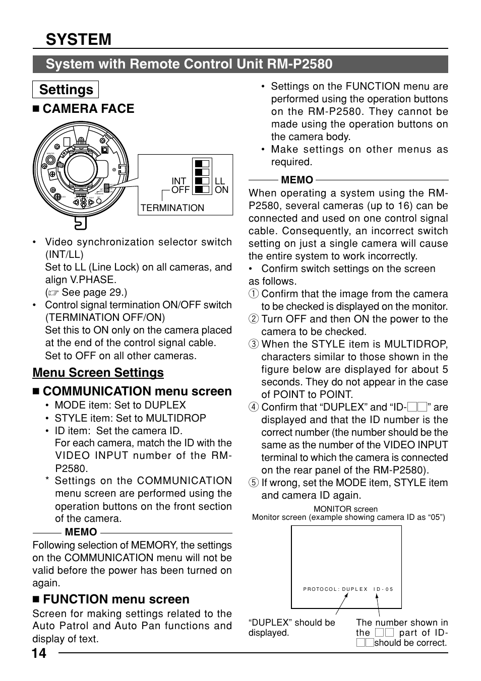 System, 14 settings, System with remote control unit rm-p2580 | Camera face, Menu screen settings Ⅲ communication menu screen, Function menu screen | JVC TK-C553 User Manual | Page 14 / 44