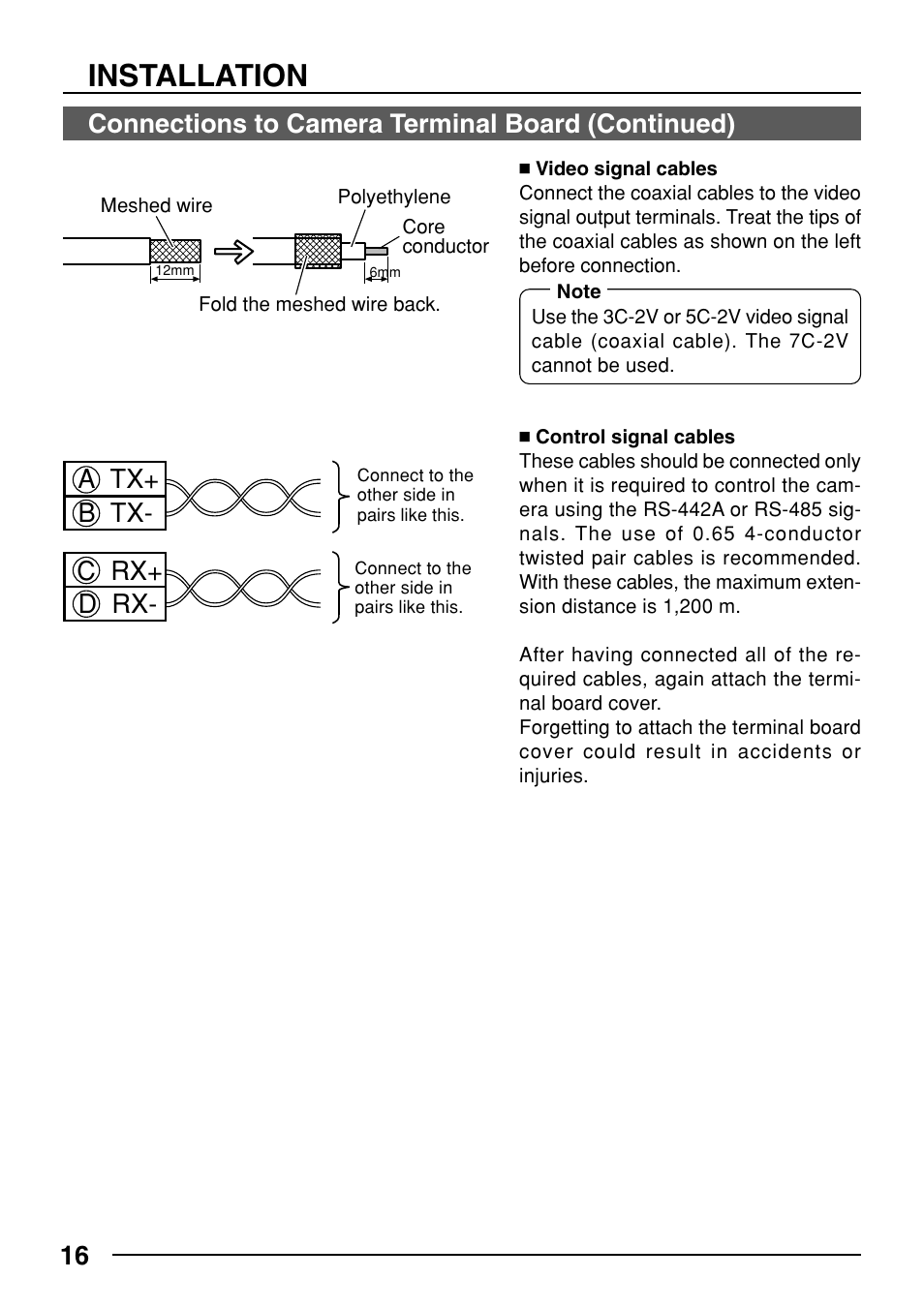Installation, A tx+ b tx- c rx+ d rx, Connections to camera terminal board (continued) | JVC TK-C553 User Manual | Page 16 / 44