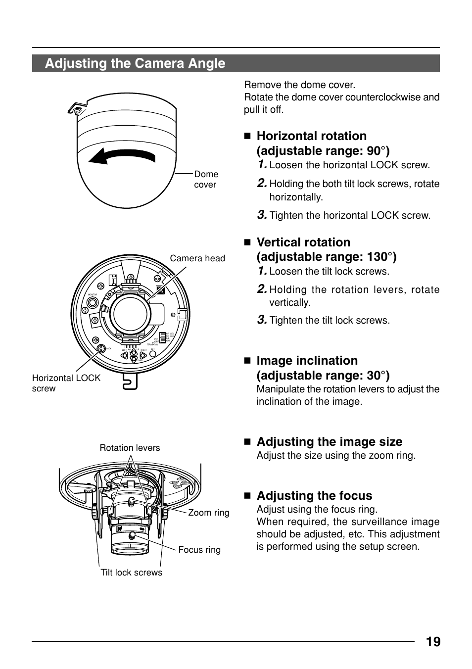 19 adjusting the camera angle, Horizontal rotation (adjustable range: 90°), Vertical rotation (adjustable range: 130°) | Image inclination (adjustable range: 30°), Adjusting the image size, Adjusting the focus | JVC TK-C553 User Manual | Page 19 / 44