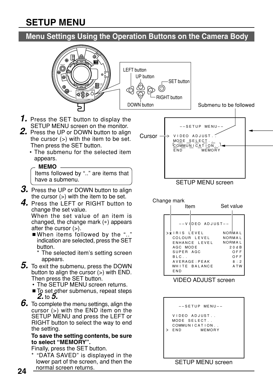 Setup menu, Video adjust screen, Setup menu screen | JVC TK-C553 User Manual | Page 24 / 44