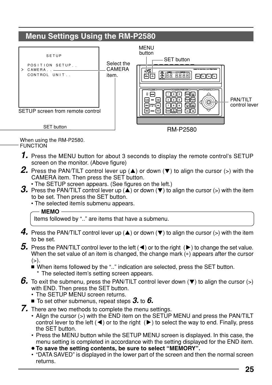 Rm-p2580, Pan/tilt control lever set button menu button, Set button | JVC TK-C553 User Manual | Page 25 / 44
