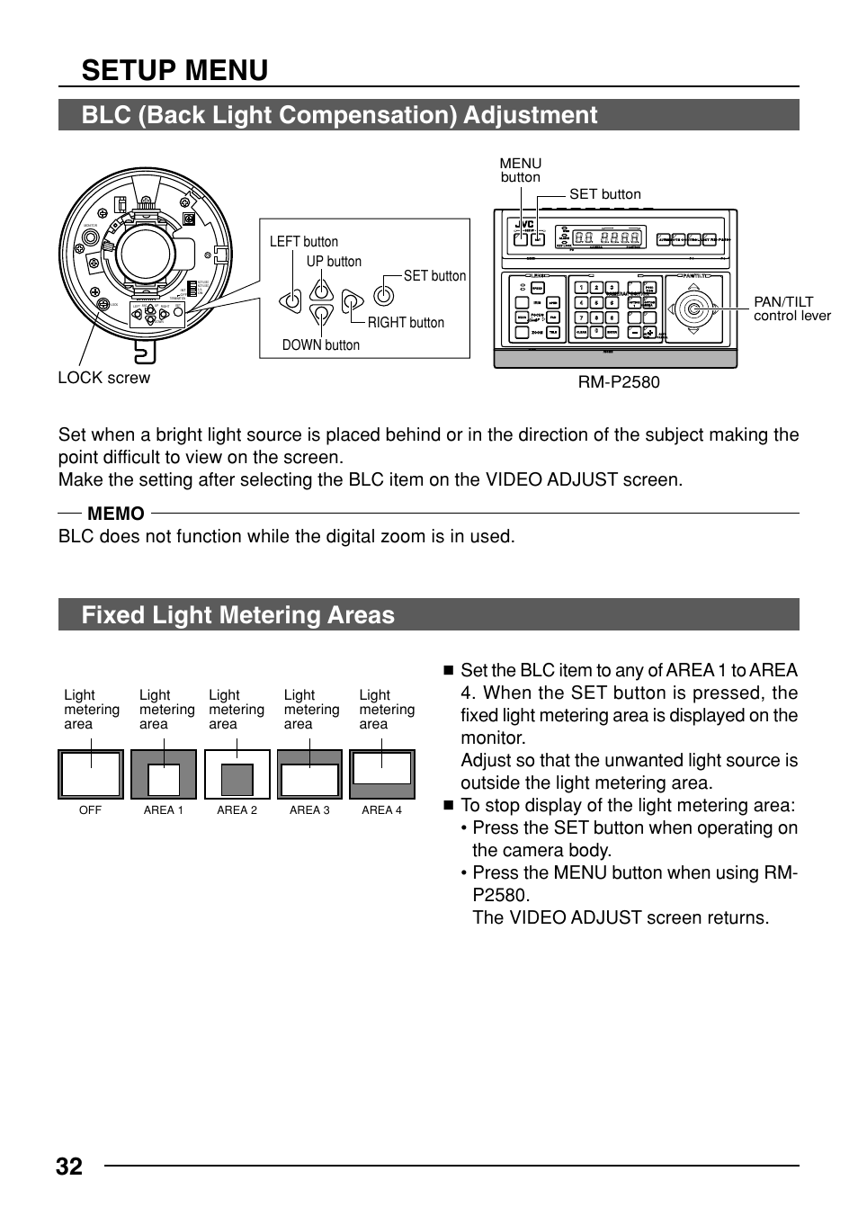 Setup menu, 32 blc (back light compensation) adjustment, Fixed light metering areas | Lock screw, Rm-p2580, Light metering area, Pan/tilt control lever set button menu button, Off area 1 area 2 area 3 area 4 | JVC TK-C553 User Manual | Page 32 / 44