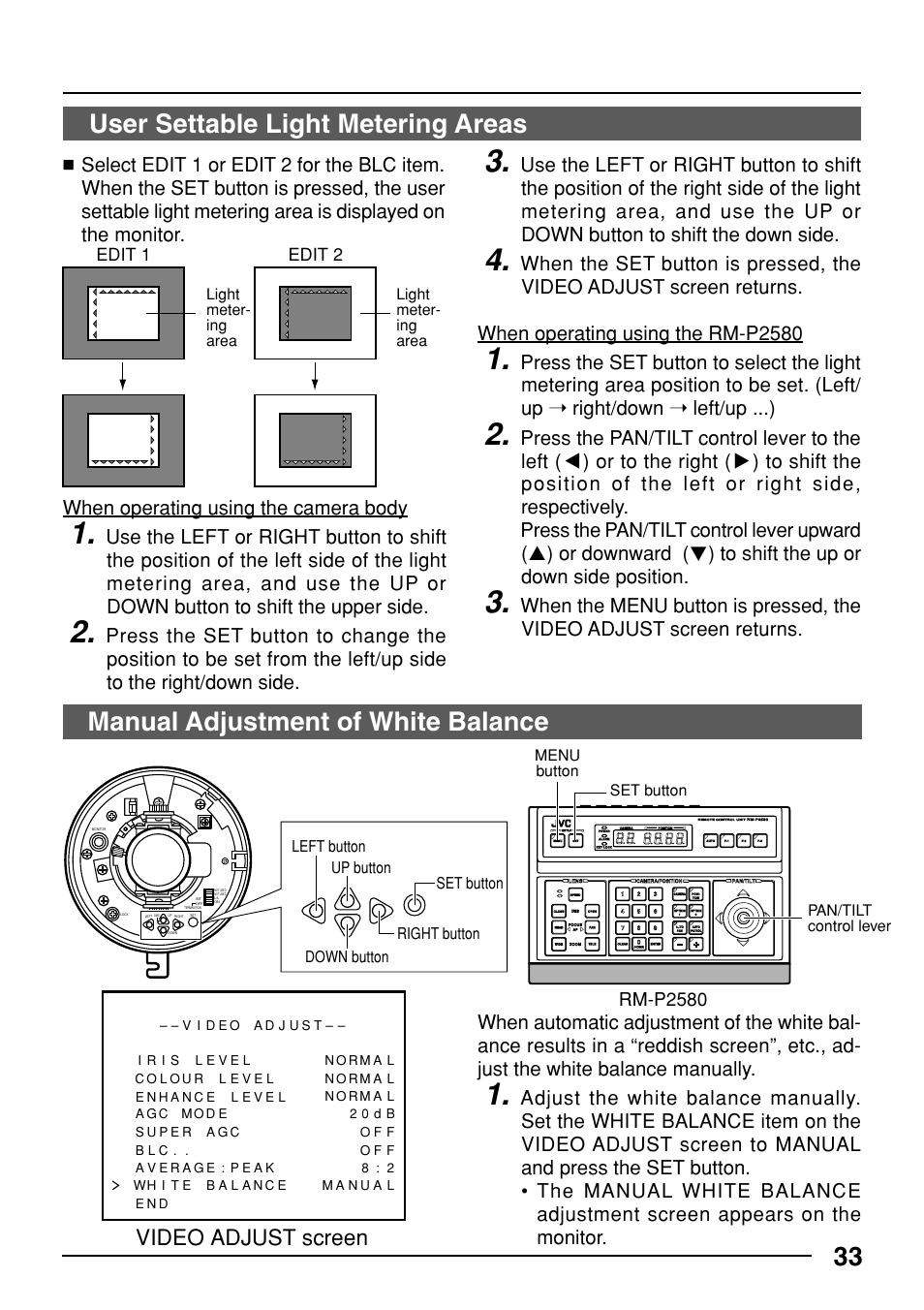 33 user settable light metering areas, Manual adjustment of white balance, Video adjust screen | When operating using the camera body, Rm-p2580, Edit 1 edit 2, Light meter- ing area, Pan/tilt control lever set button menu button | JVC TK-C553 User Manual | Page 33 / 44
