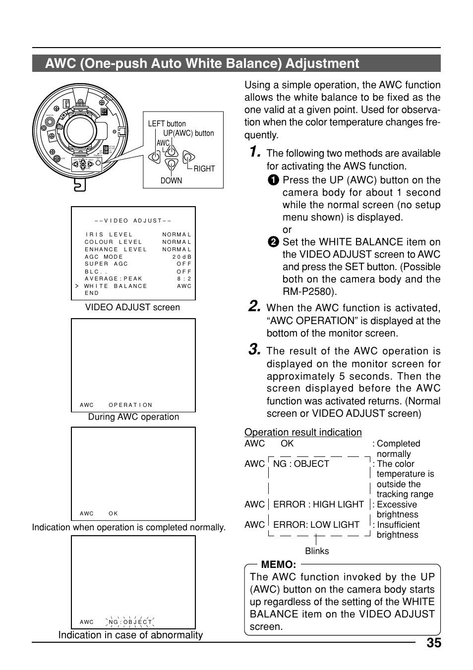 35 awc (one-push auto white balance) adjustment, Indication in case of abnormality, Video adjust screen | JVC TK-C553 User Manual | Page 35 / 44