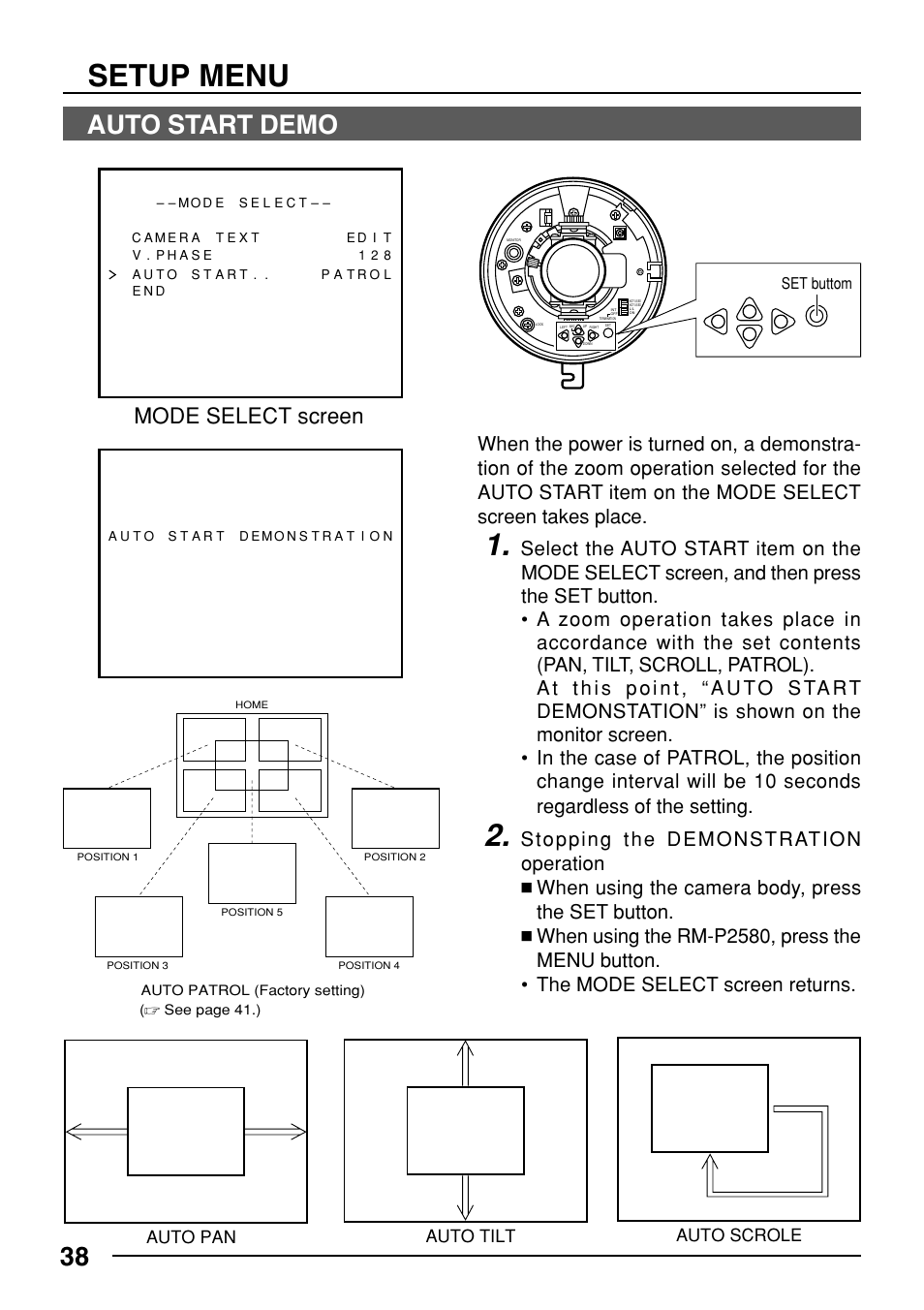 Setup menu, Auto start demo, Mode select screen | Auto pan auto tilt auto scrole | JVC TK-C553 User Manual | Page 38 / 44