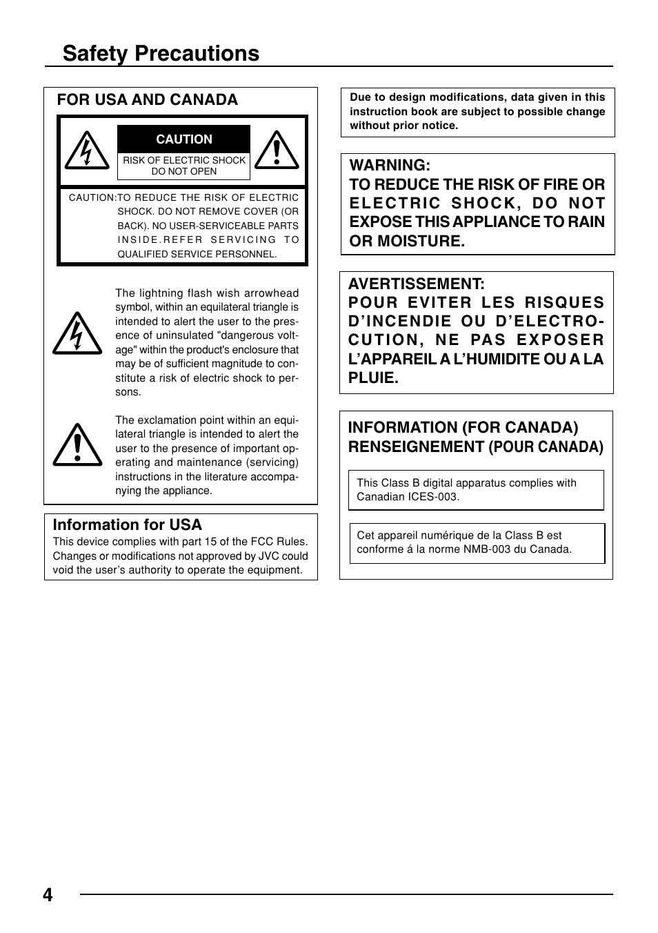Safety precautions, For usa and canada, Information for usa | JVC TK-C553 User Manual | Page 4 / 44