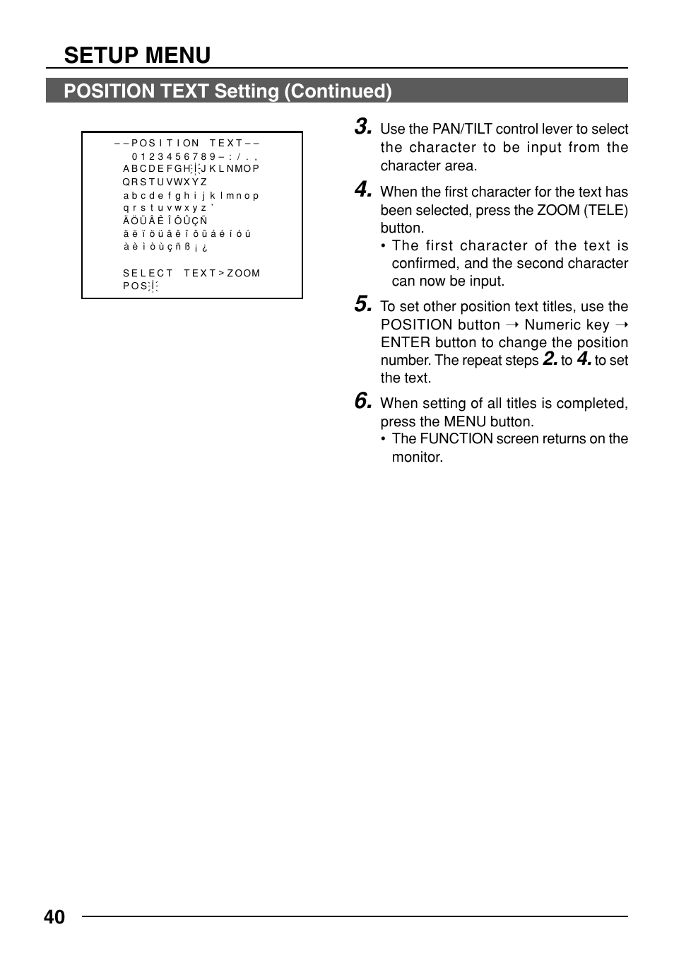 Setup menu, 40 position text setting (continued) | JVC TK-C553 User Manual | Page 40 / 44