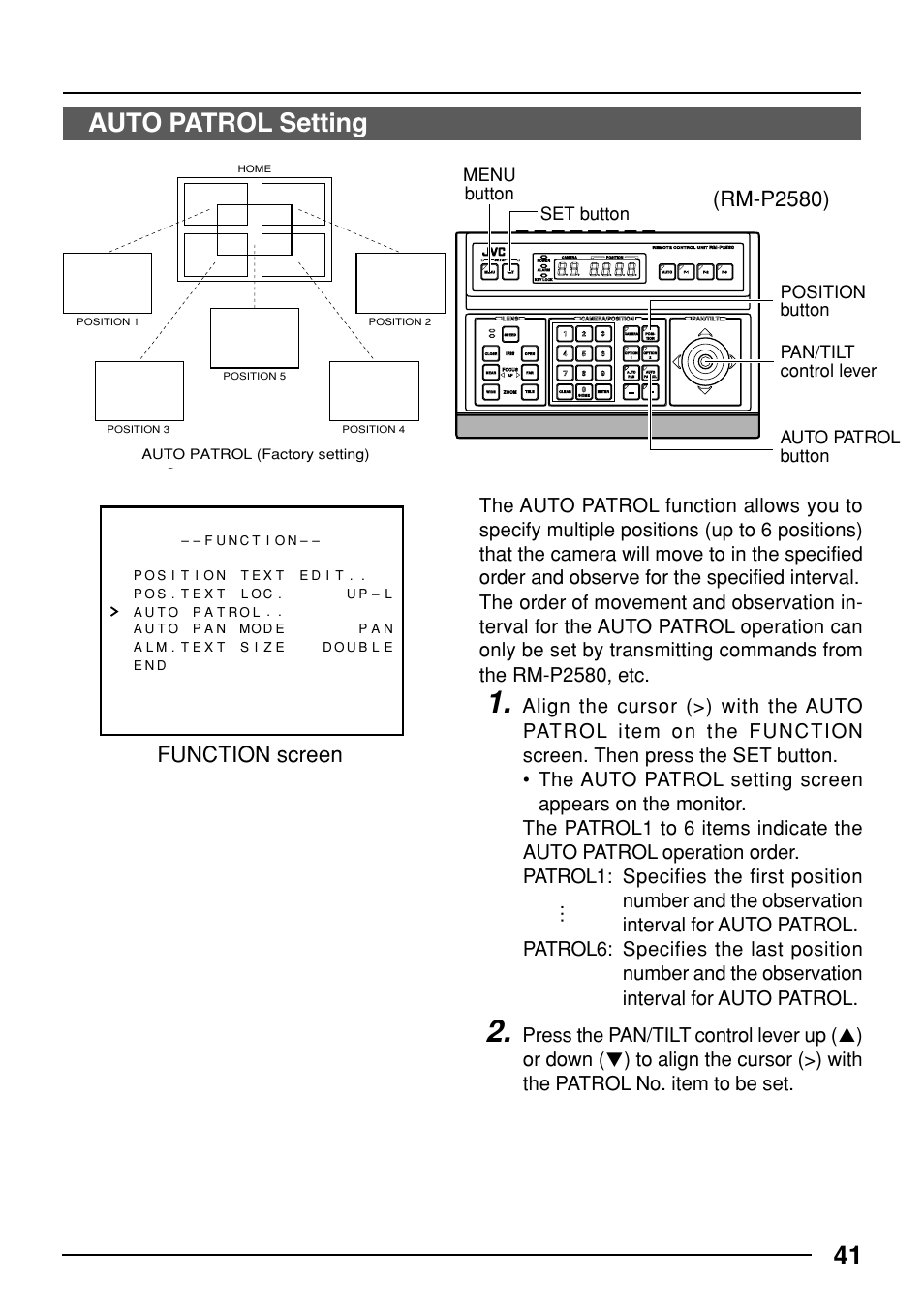 41 auto patrol setting, Function screen, Rm-p2580) | Auto patrol (factory setting) s | JVC TK-C553 User Manual | Page 41 / 44