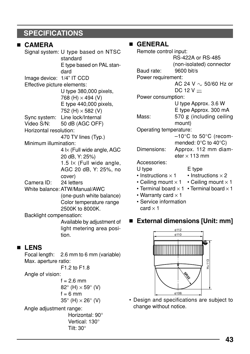 Specifications, Camera, Lens | General, External dimensions [unit: mm | JVC TK-C553 User Manual | Page 43 / 44
