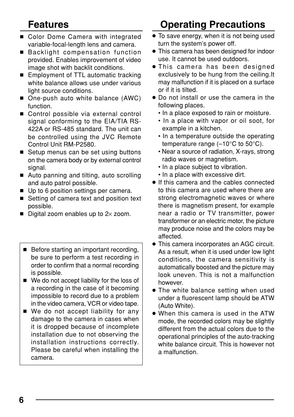 Features, Operating precautions | JVC TK-C553 User Manual | Page 6 / 44