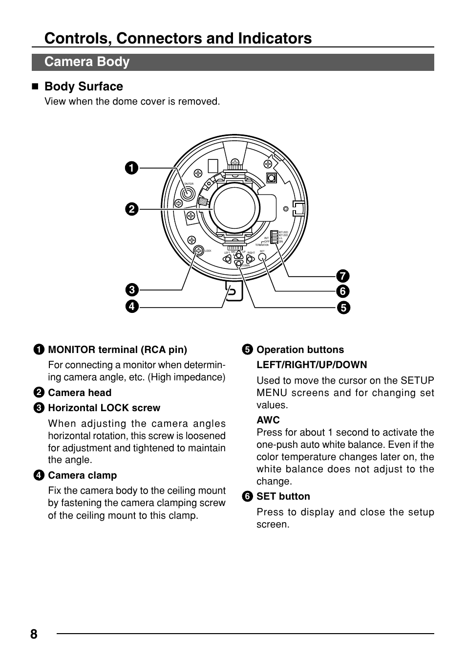 Controls, connectors and indicators, 8camera body, Body surface | JVC TK-C553 User Manual | Page 8 / 44