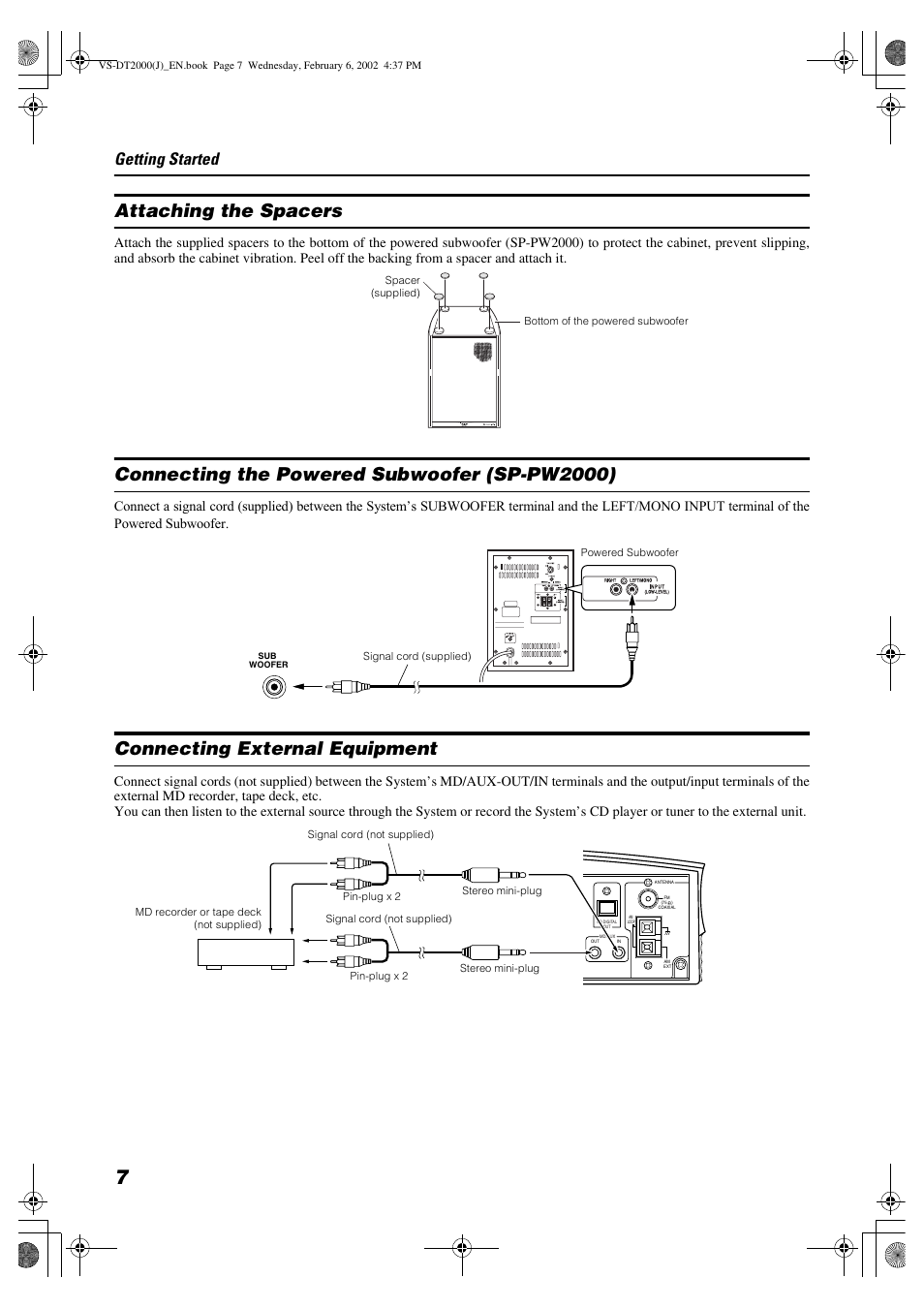 Attaching the spacers, Connecting the powered subwoofer (sp-pw2000), Connecting external equipment | Getting started | JVC CA-VSDT2000 User Manual | Page 10 / 32