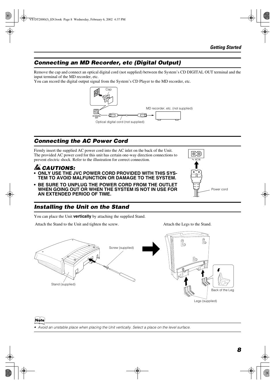 Connecting an md recorder, etc (digital output), Connecting the ac power cord, Installing the unit on the stand | Cautions, Getting started | JVC CA-VSDT2000 User Manual | Page 11 / 32