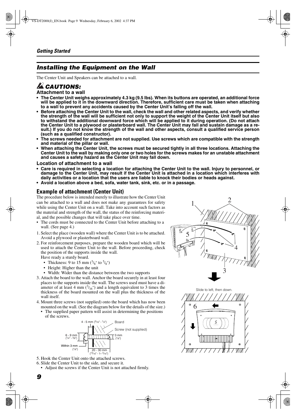 Installing the equipment on the wall, Example of attachment (center unit), Cautions | Getting started | JVC CA-VSDT2000 User Manual | Page 12 / 32