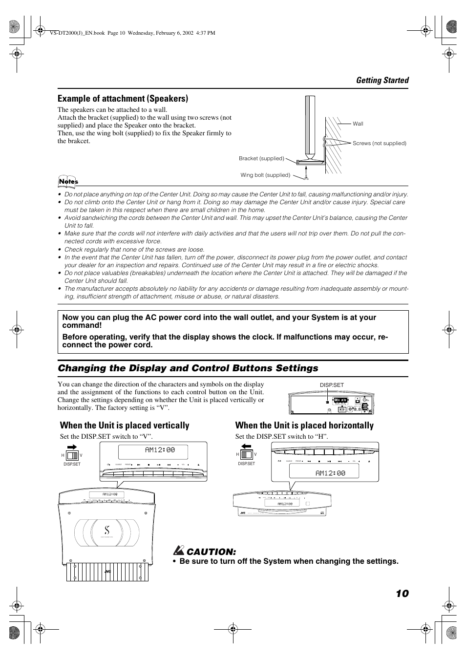 Example of attachment (speakers), Changing the display and control buttons settings, When the unit is placed vertically | When the unit is placed horizontally, Caution, Getting started | JVC CA-VSDT2000 User Manual | Page 13 / 32