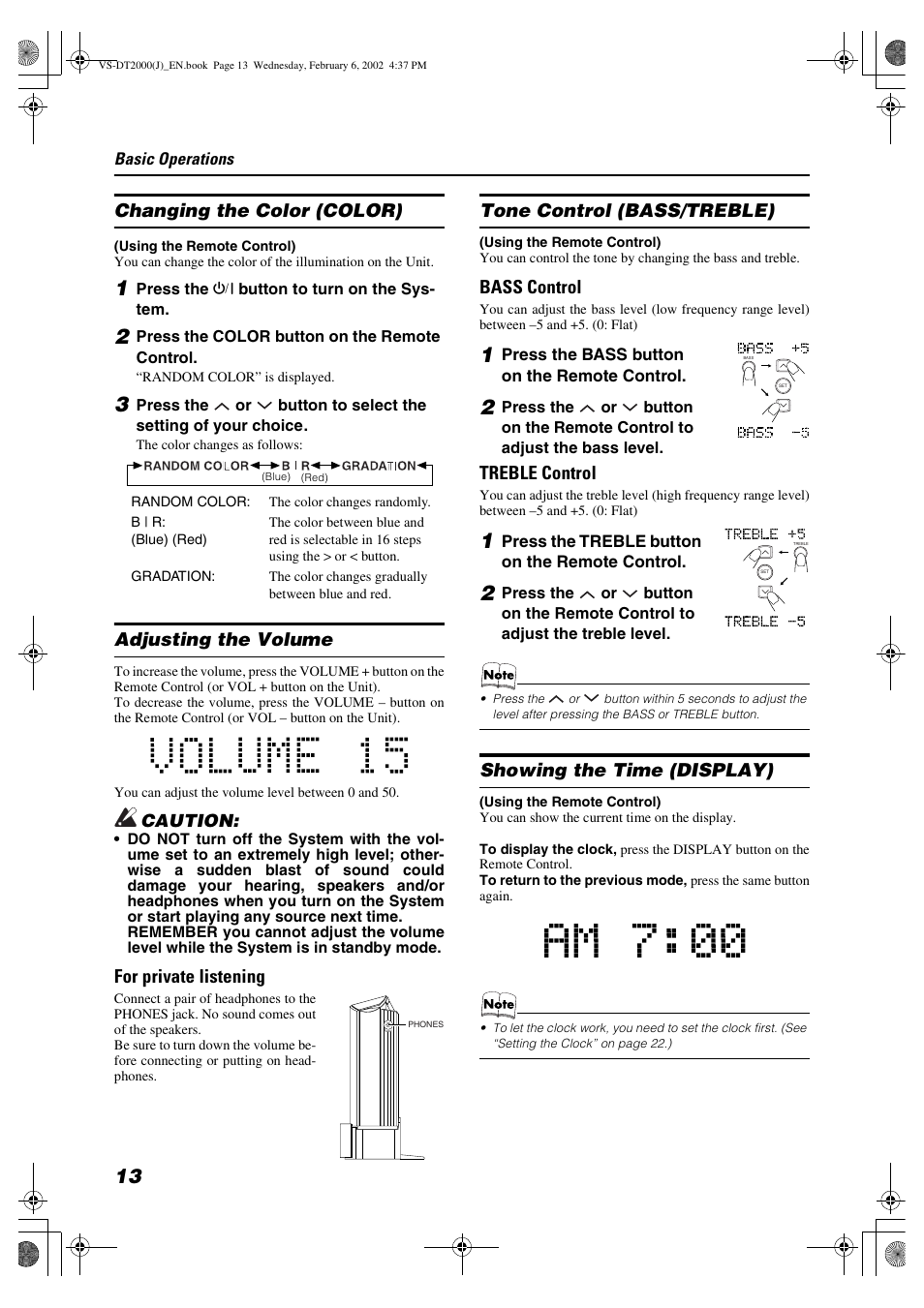 Changing the color (color), Adjusting the volume, For private listening | Tone control (bass/treble), Bass control, Treble control, Showing the time (display) | JVC CA-VSDT2000 User Manual | Page 16 / 32