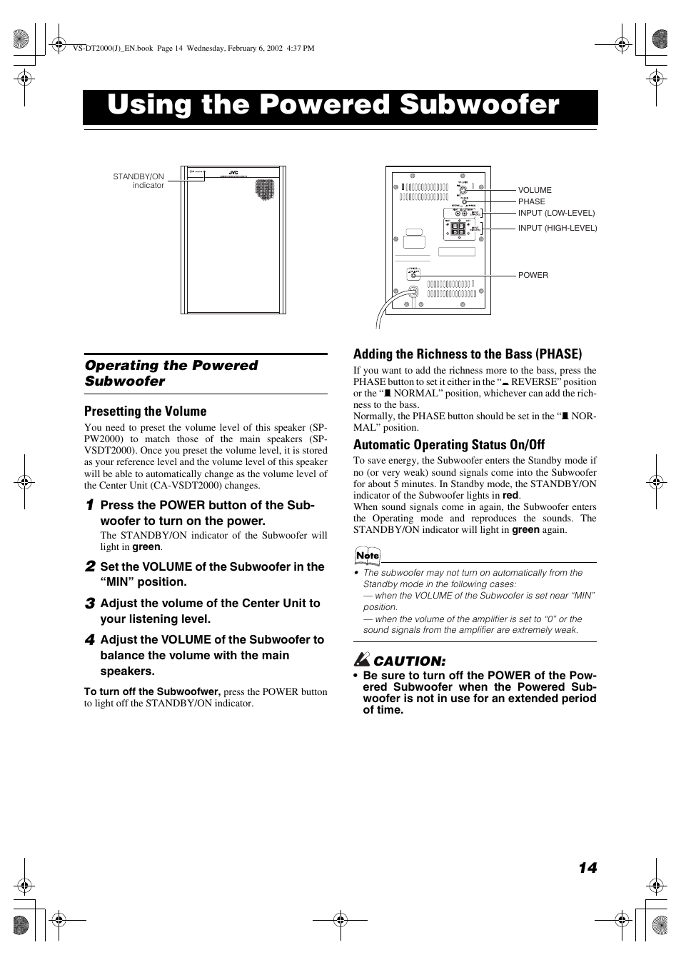 Using the powered subwoofer, Adding the richness to the bass (phase), Automatic operating status on/off | JVC CA-VSDT2000 User Manual | Page 17 / 32