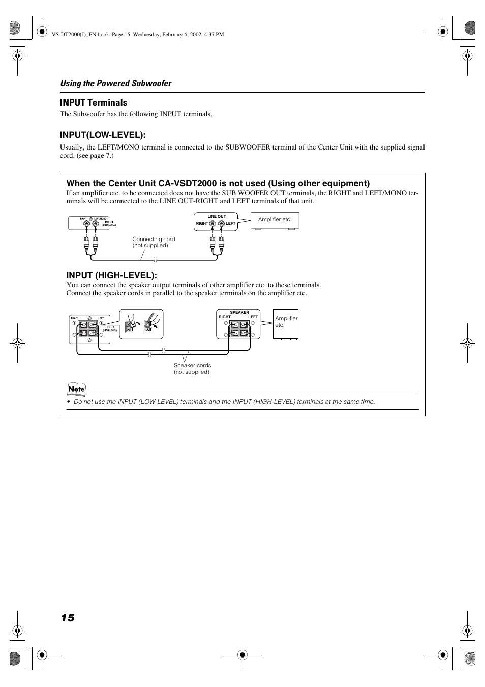 Input terminals, Using the powered subwoofer, Input(low-level) | Input (high-level) | JVC CA-VSDT2000 User Manual | Page 18 / 32