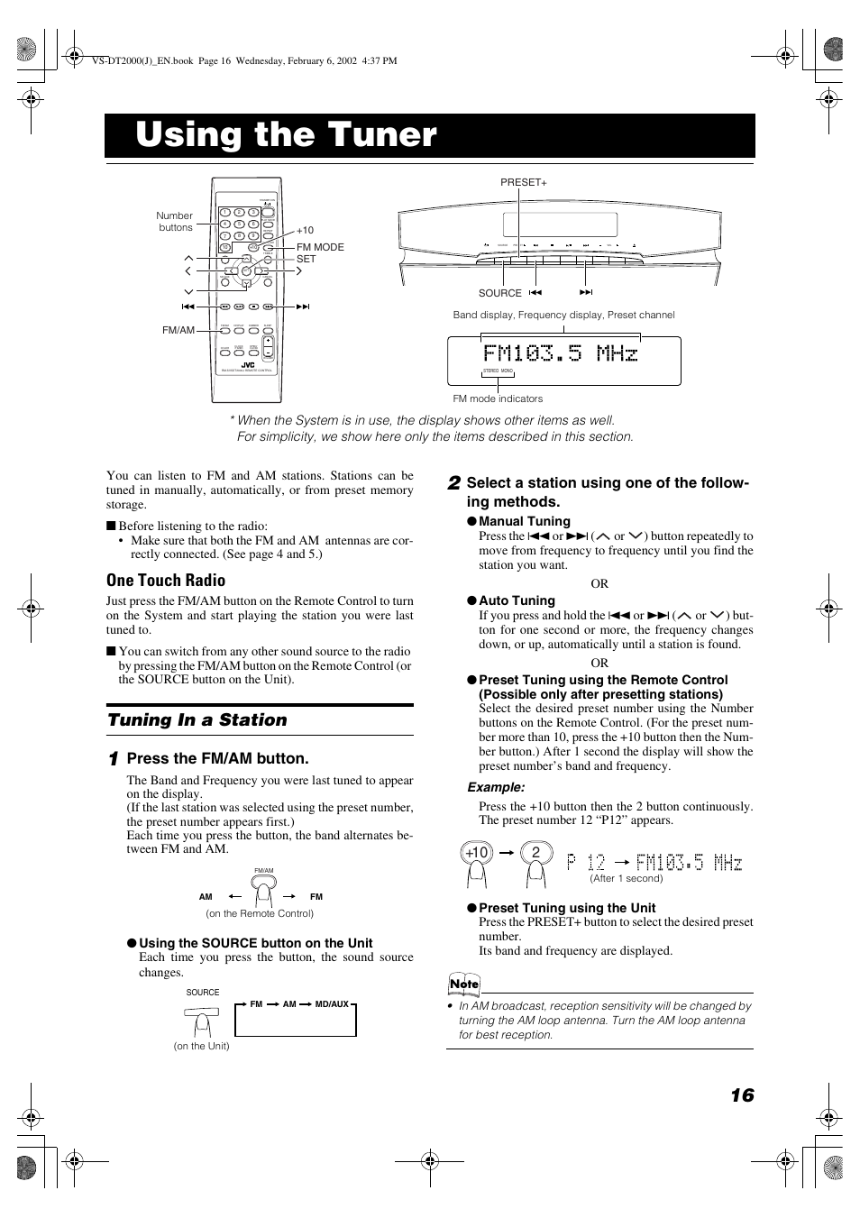 Using the tuner, One touch radio, Tuning in a station | Press the fm/am button | JVC CA-VSDT2000 User Manual | Page 19 / 32