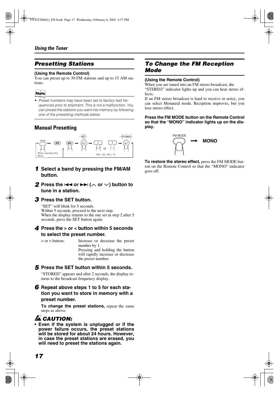 Presetting stations, Manual presetting | JVC CA-VSDT2000 User Manual | Page 20 / 32